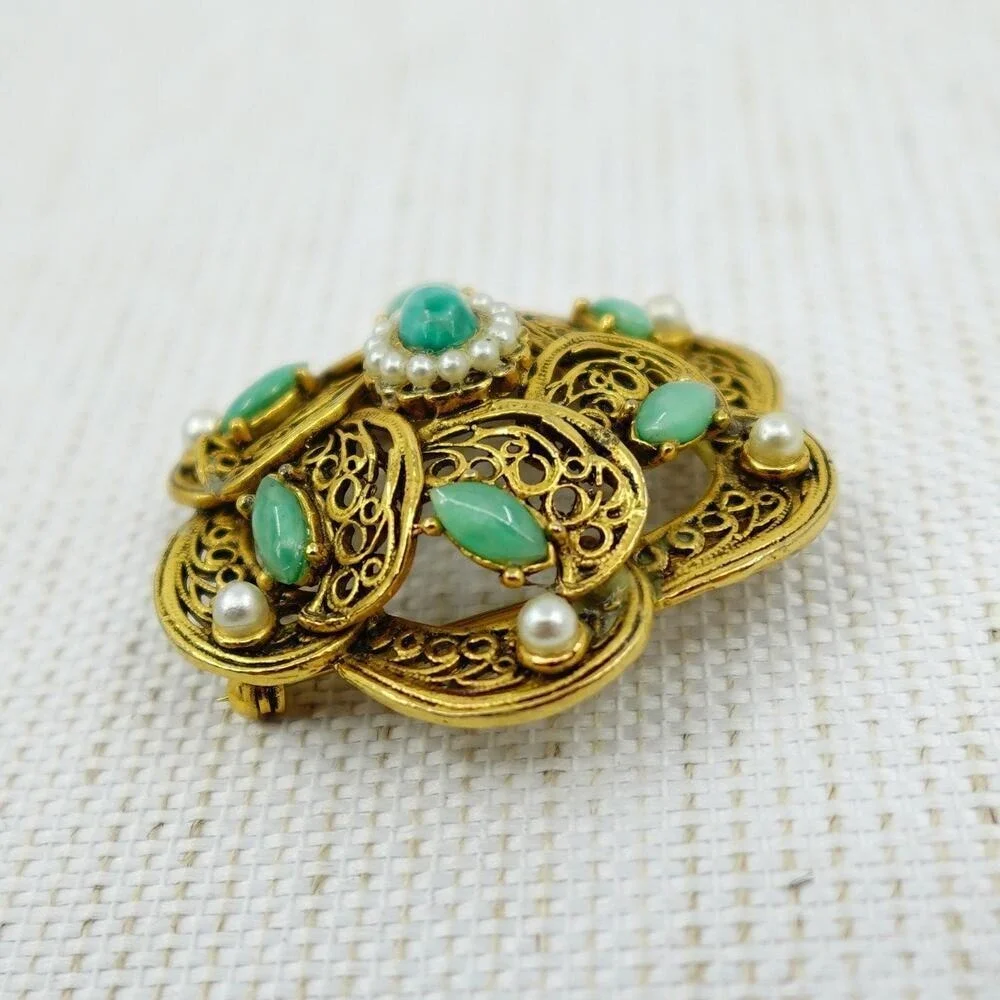 Vintage Gold Tone Dome Brooch Filigree Tiered Green Faux Pearl Victorian Revival